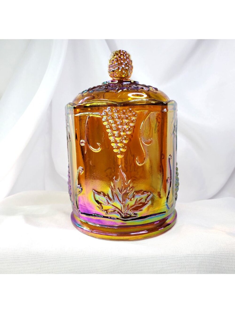 VTG Marigold Carnival Glass Canister Jar & Lid 7" Harvest Grape Indiana Glass - Picture 16 of 16